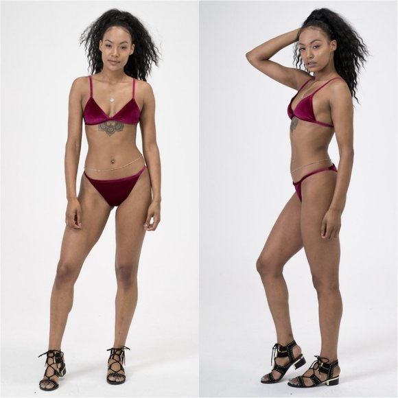 Fire Red Velvet Triangle Hipster Thong Bikini Set - Picture 6 of 8